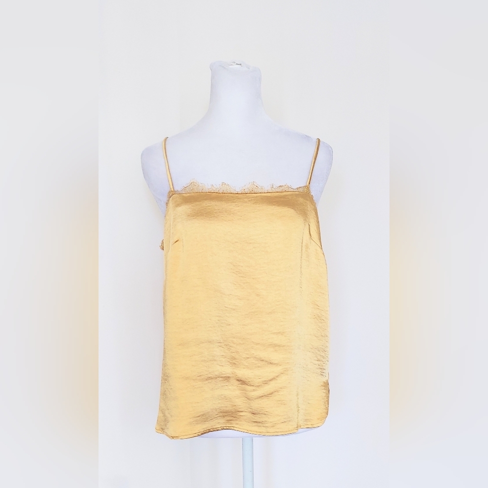 Heartloom Fringe Trim Satin Cami Blouse Top Size Small Gold Yellow